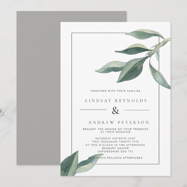 Modern Botanical Leaves Wedding Invitation (Front/Back)