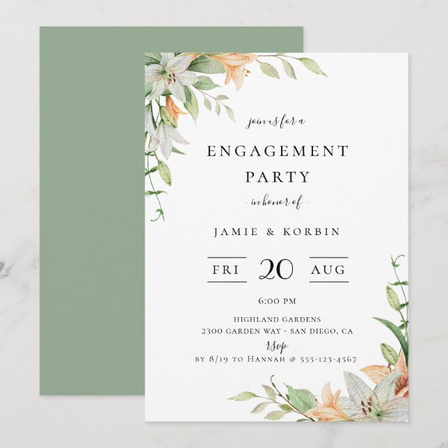 Modern Botanical Lily Floral Engagement Party Invitation (Front/Back)