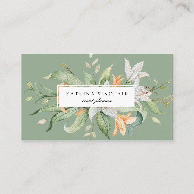 Modern Botanical Lily Floral Sage Green Business Card (Front)