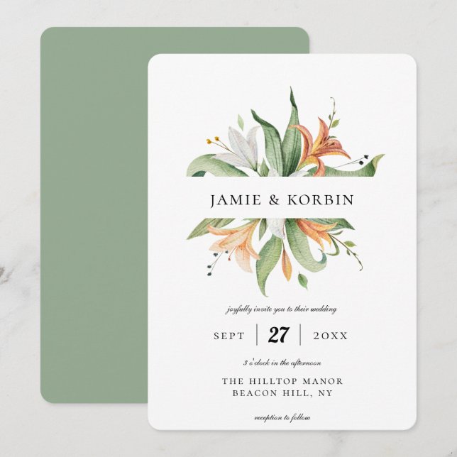 Modern Botanical Lily Floral Wedding Invitation (Front/Back)