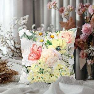 Modern Botanical Lush Floral Pattern Soft White Throw Pillow