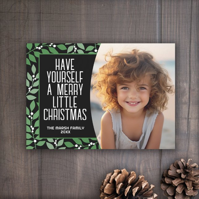 Modern Botanical Merry Christmas Photo black green Holiday Card (A berry botanical holiday card in shades of green leaves and white berries. 1 Photo)