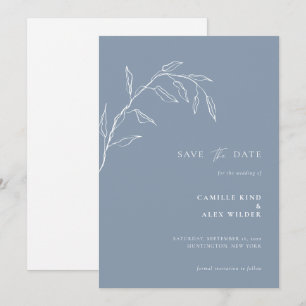Modern Botanical Minimal Leaf Wedding Dusty Blue Save The Date