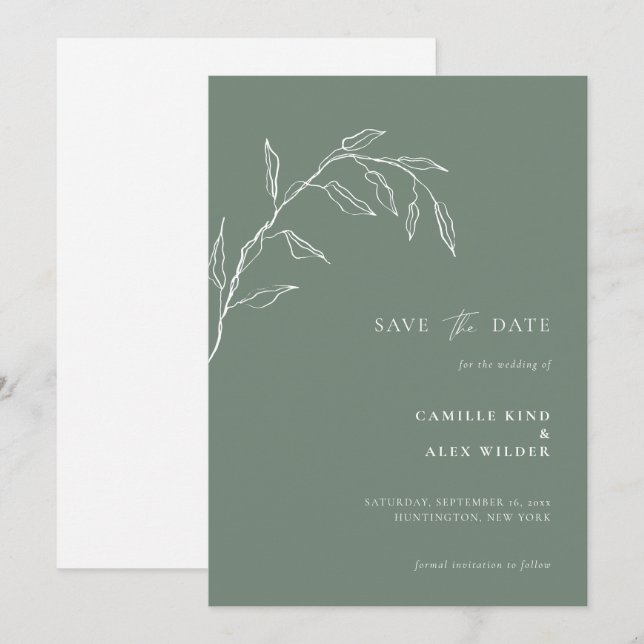 Modern Botanical Minimal Leaf Wedding Sage Save The Date (Front/Back)