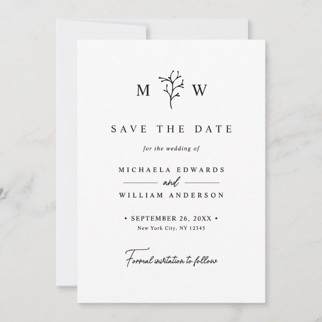 Modern Botanical Monogram Initials Wedding Save The Date (Front)