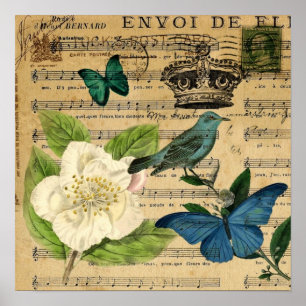 modern botanical music notes french bird Camellia Poster