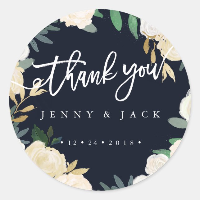 Modern Botanical Navy Thank You Wedding Sticker (Front)