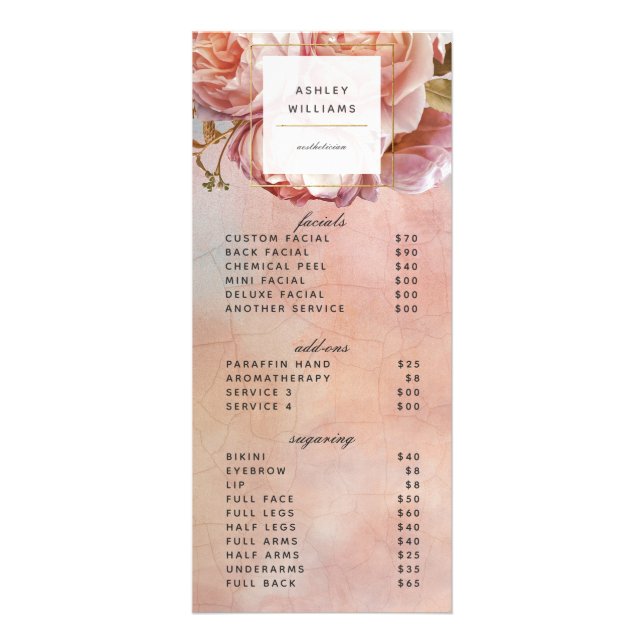 Modern Botanical Pink Rose Peony 3 Services Menu (Front)
