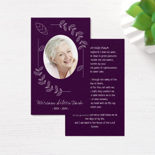 Modern Botanical Purple White Photo Funeral Card (Desk)