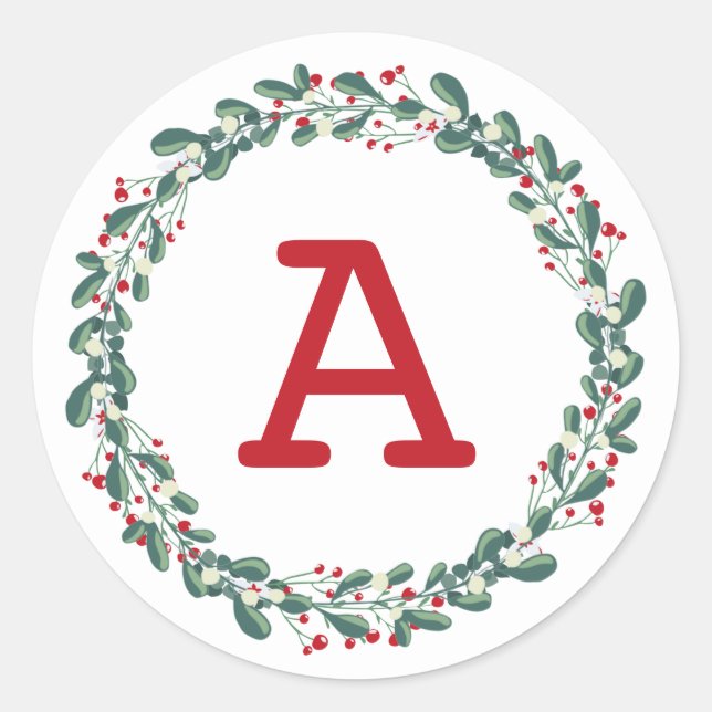 Modern Botanical Red Berry Christmas Monogram Classic Round Sticker (Front)