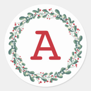 Modern Botanical Red Berry Christmas Monogram Classic Round Sticker