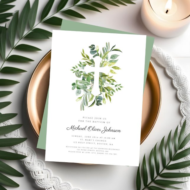 Modern Botanical Religious Cross Baptism Invitation (Modern Botanical Religious Cross Baptism Invitation)