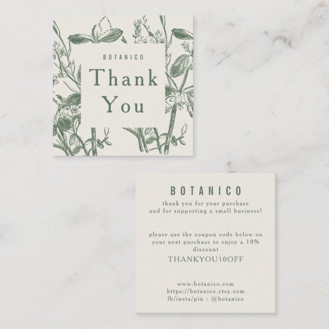 Modern Botanical Sage Cream Floral Thank You Square Business Card (Front/Back)