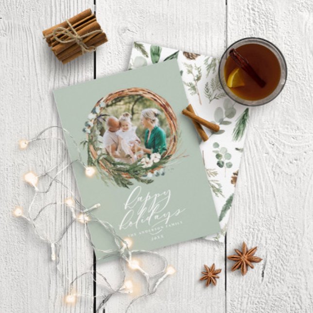 Modern botanical sage green 1 photo Christmas Holiday Card (Creator Uploaded)