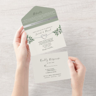 Modern Botanical Sage Green Wedding All In One Invitation