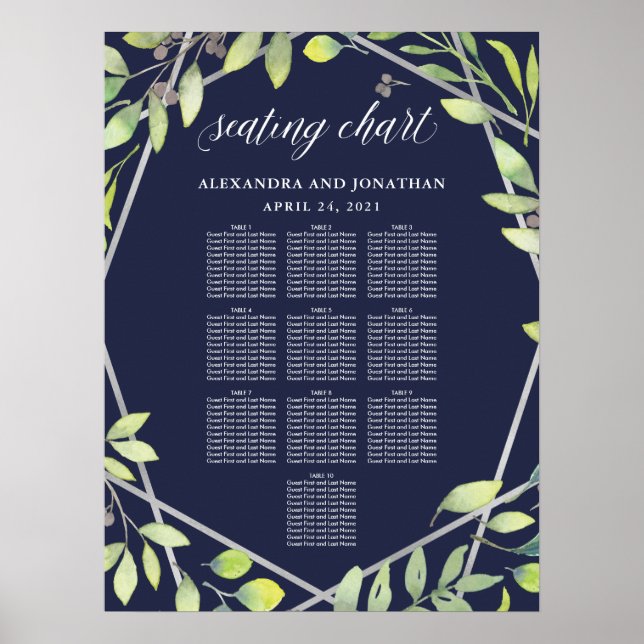 Modern Botanical Silver Look Wedding Seating Chart (Front)