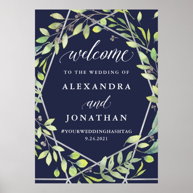 Modern Botanical Silver Look Wedding Welcome Sign (Front)
