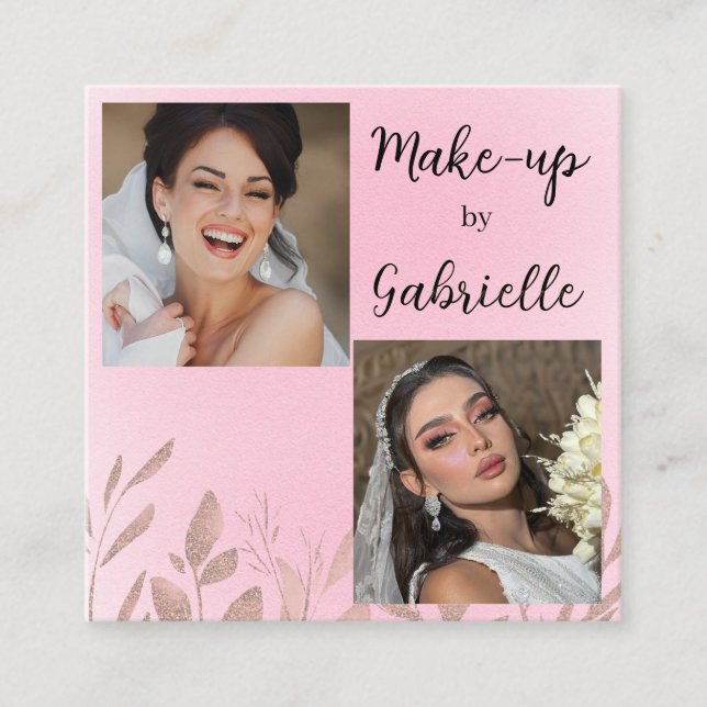 Modern Botanical Soft Pink Boho Photo Script  Square Business Card (Front)