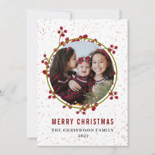 Modern Botanical Speckled Merry Christmas Photo  Holiday Card