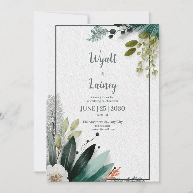 Modern Botanical Watercolor Greenery Wedding Invitation (Front)