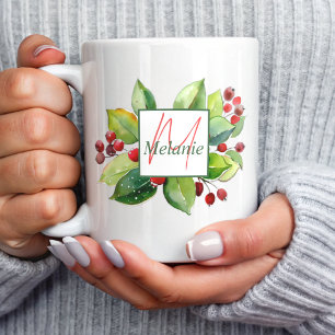 Modern Botanical watercolor Monogram Holidays Coffee Mug