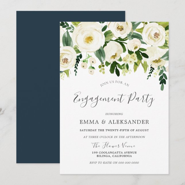 Modern Botanical White Flowers Engagement Party Invitation (Front/Back)