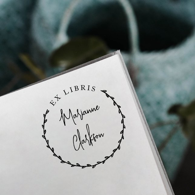 Modern Botanical Wreath Custom Name Ex Libris Self Rubber Stamp (Creator Uploaded)