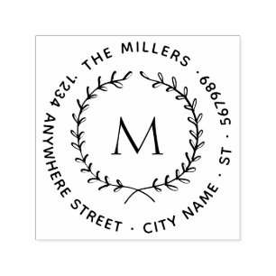 Modern Botanical Wreath Family Name Return Address Self-inking Stamp