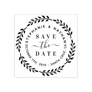 Modern Botanical Wreath & Script Save The Date Rubber Stamp