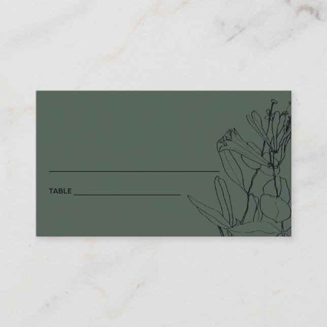 MODERN BOTTLE GREEN LINE DRAWING FLORAL PLACE CARD (Front)