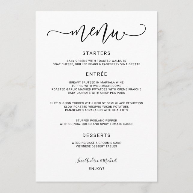 Modern Bounce Calligraphy Swirly (Black) Wedding Menu (Front)