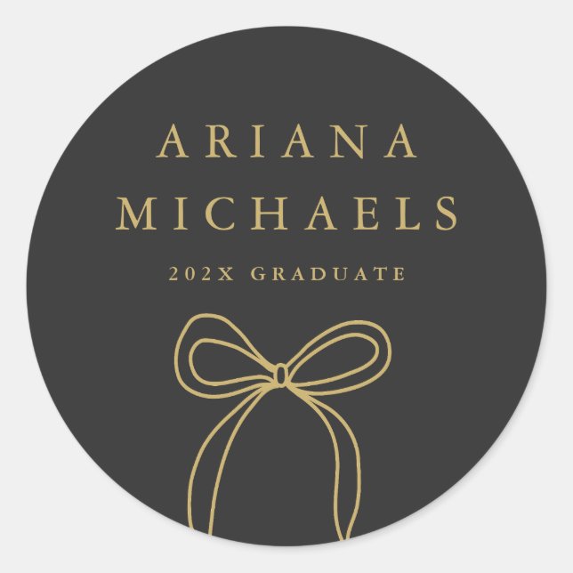 Modern Bow Black and Gold Graduation Classic Round Sticker (Front)