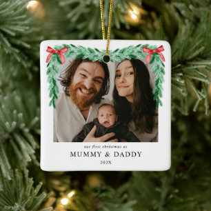 Modern Bow First Christmas as Mummy & Daddy Photo Ceramic Ornament