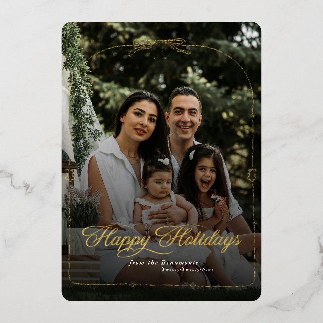 Modern  Bow Happy Holidays Christmas Photo Foil Holiday Card (Front)