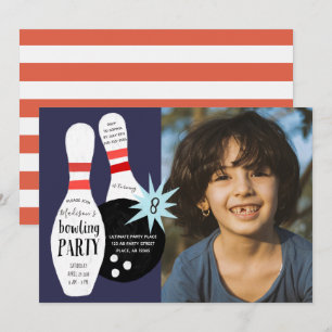 Modern Bowling Blue & red Birthday Party Invitation