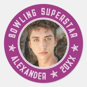 Modern Bowling Superstar Purple Pink Name Photo  Classic Round Sticker