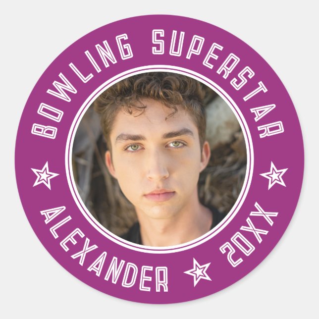 Modern Bowling Superstar Purple Pink Name Photo  Classic Round Sticker (Front)