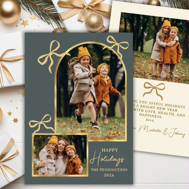 Modern Bows Happy Holidays Arch 3 Photo Green      Holiday Card (Creator Uploaded)