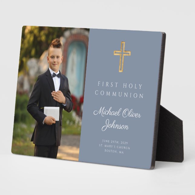 Modern Boy First Holy Communion Blue Photo  Plaque (Side)
