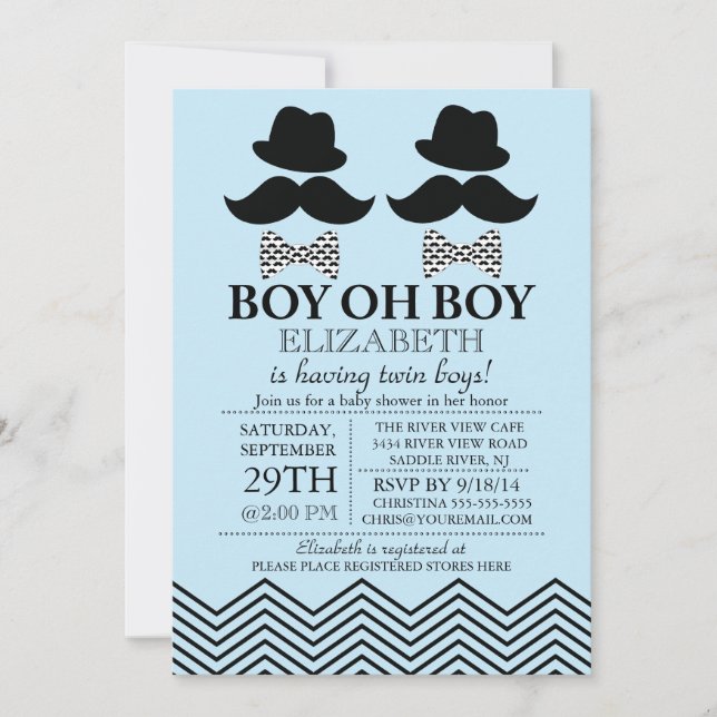 Modern Boy Little Man Moustache TWINS Baby Shower Invitation (Front)