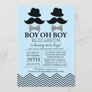 Modern Boy Little Man Moustache TWINS Baby Shower Invitation