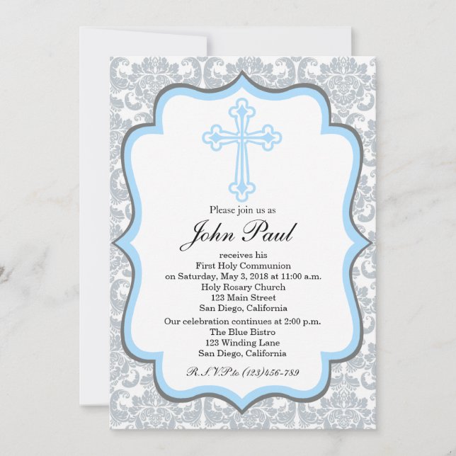 Modern Boys Communion Invitation Silver Damask (Front)