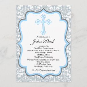 Modern Boys Communion Invitation Silver Damask