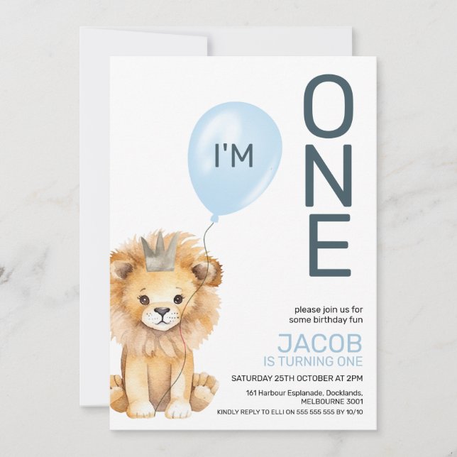 Modern Boys Lion Crown Balloon 1st Birthday Invitation (Front)