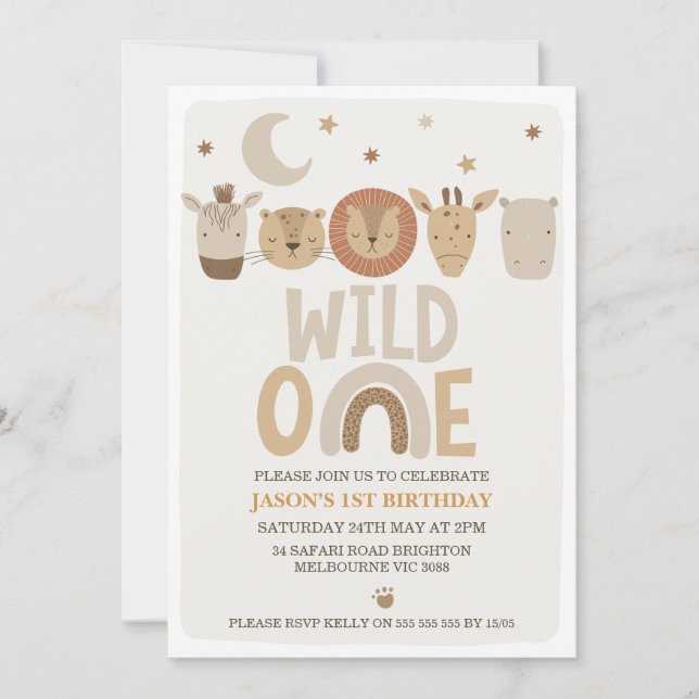 Modern Boys Moon Safari Wild One 1st Birthday Invitation (Front)