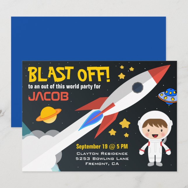 Modern Boys Outer Space Rocket Birthday Party Invitation (Front/Back)