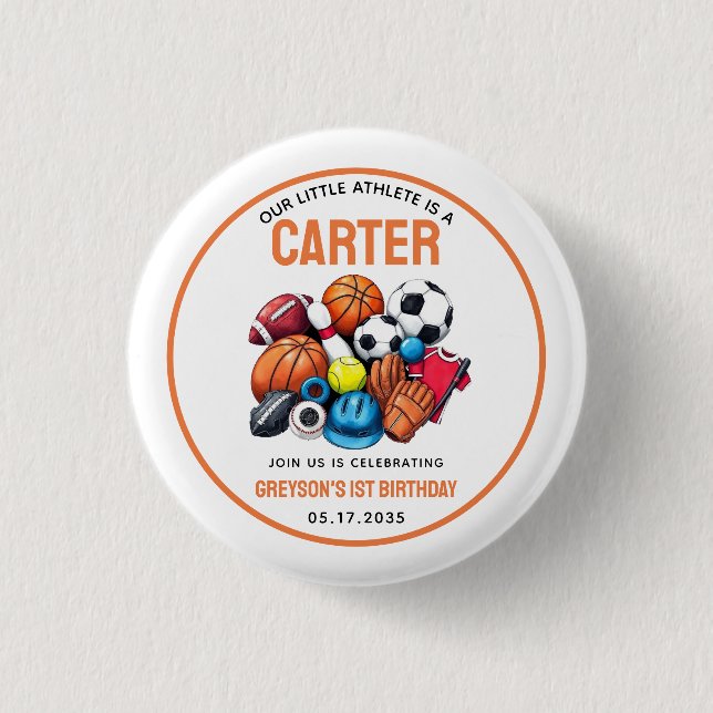 Modern Boys Sports Balls All Star 1st Birthday  1 Inch Round Button (Front)