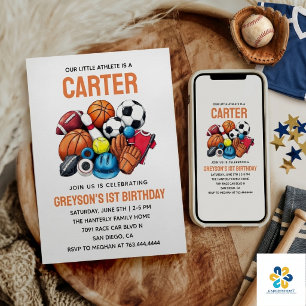 Modern Boys Sports Balls All Star 1st Birthday  Invitation