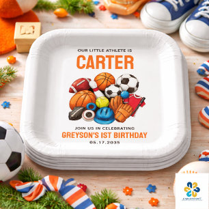 Modern Boys Sports Balls All Star 1st Birthday  Paper Plate