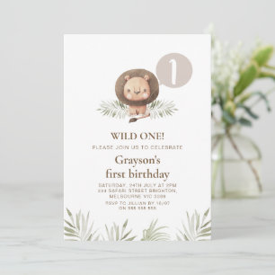 Modern Boys Wild One Lion Foliage 1st Birthday  Invitation